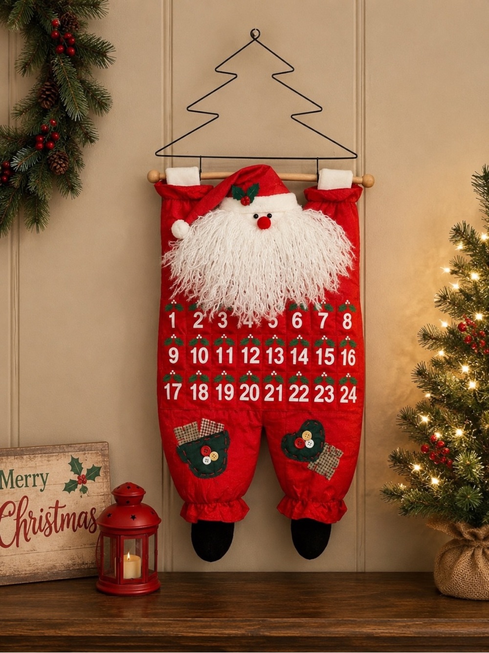 Vintage Santa Advent Calendar Plush 24 Pocket Christmas Countdown Wall Hanging